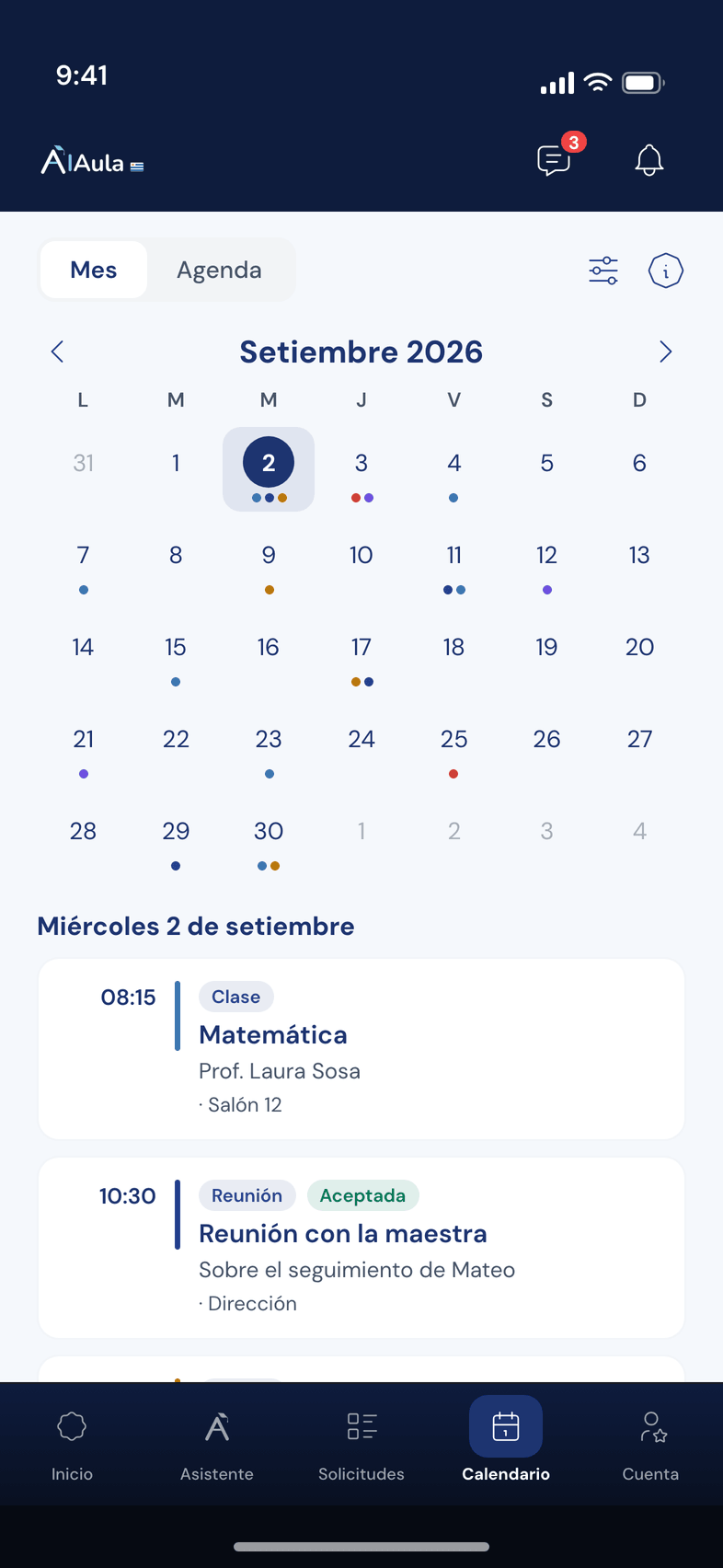 Agenda de AIAula mostrando clases, una reunión aceptada, un escrito y los eventos del colegio de los próximos días.
