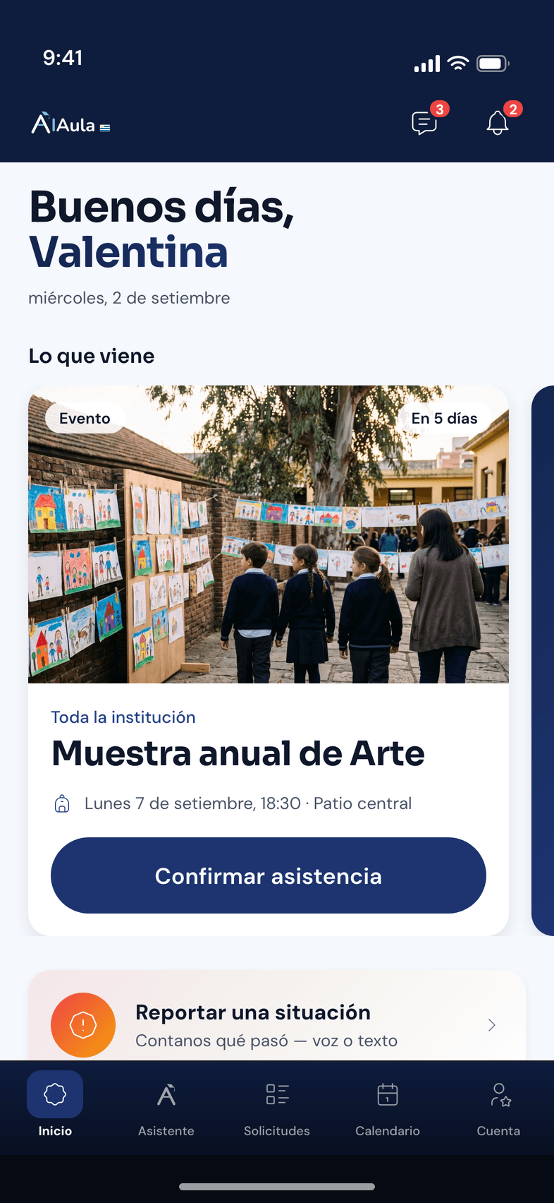 Pantalla de inicio de AIAula con el saludo a la familia, la tarjeta de la muestra anual de Arte y el acceso a reportar una situación.