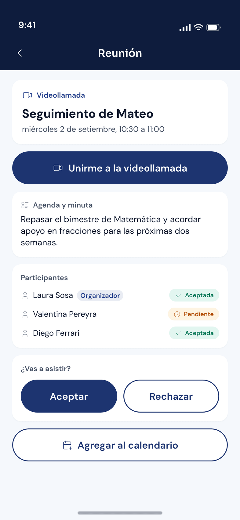 Detalle de una reunión en AIAula con el botón para unirse a la videollamada, la agenda, los participantes y los botones de aceptar o rechazar.