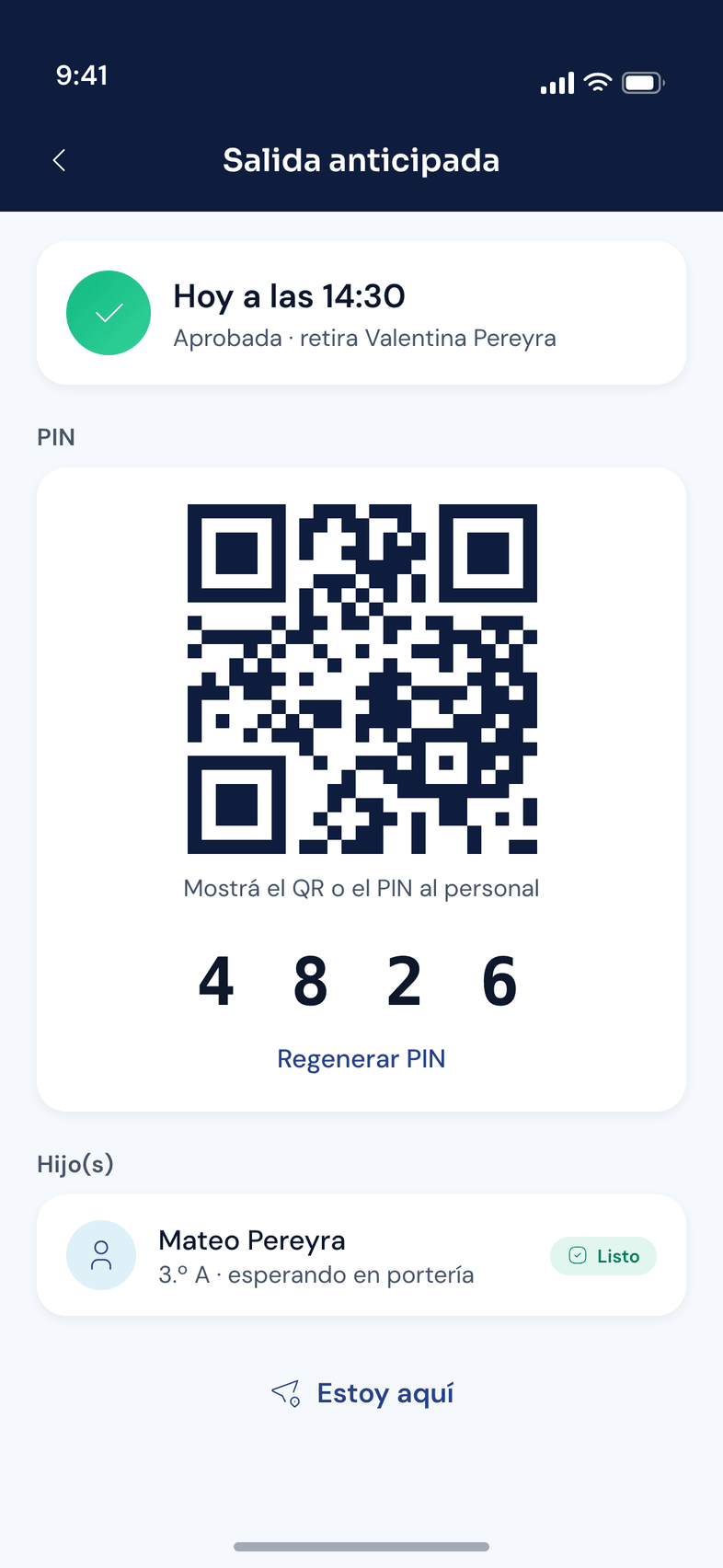Detalle de una salida anticipada aprobada en AIAula, con el código QR y el PIN para mostrar en portería.