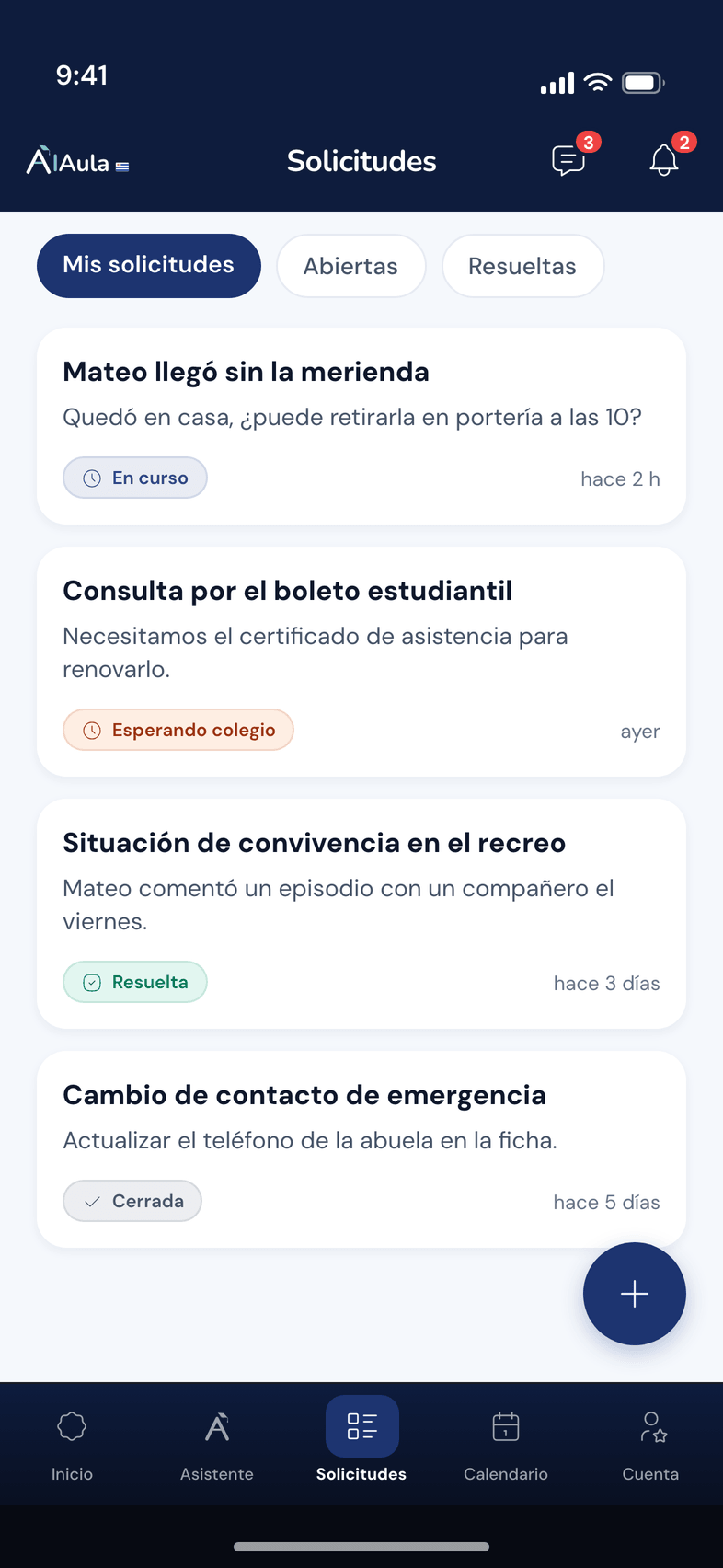 Listado de solicitudes de AIAula con su estado: en curso, esperando colegio, resuelta y cerrada.